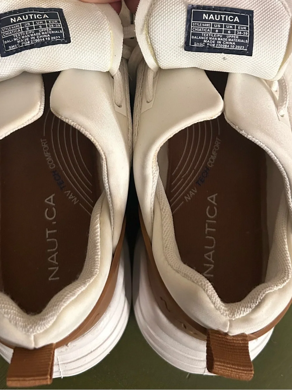 Nautica White Knit Sneakers with Brown Pull-Tab